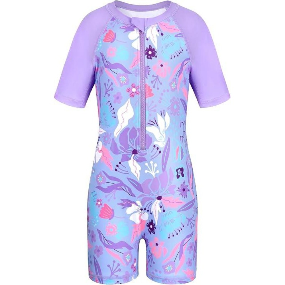 HOZIY Girls Purple Floral Short Sleeve Rash Guard One Piece Swimsuit Size 12Y